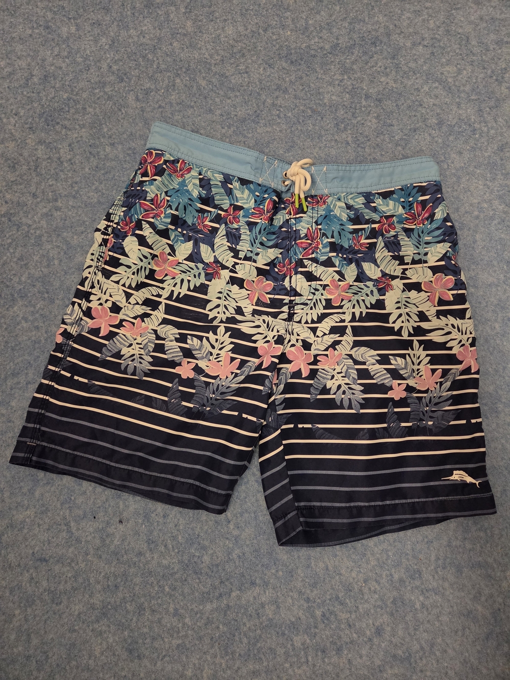Tommy Bahama Navy Floral Stripe Swim Shorts with Light Blue Waistband